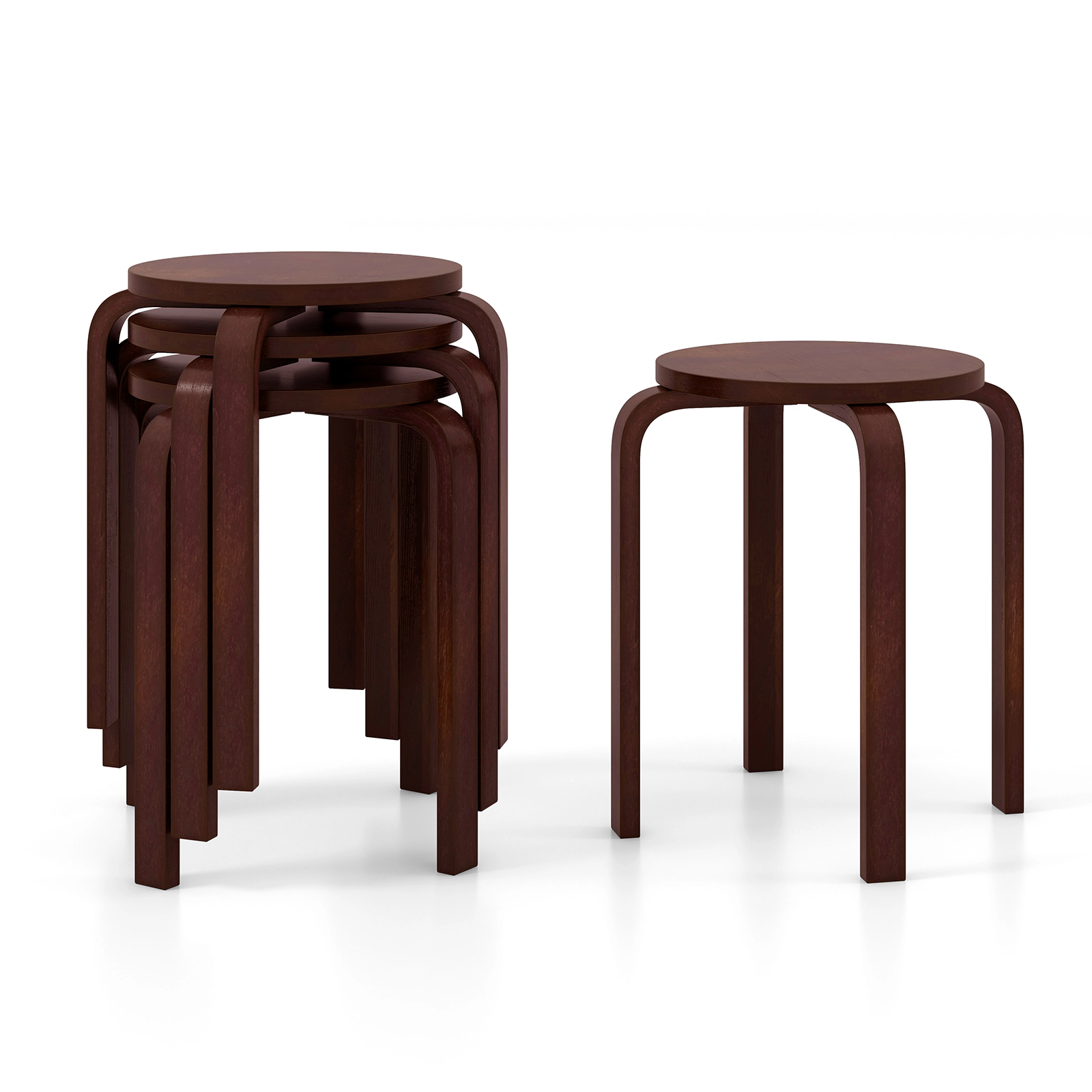 SUGIFT Set of 4 Brown Stackable Backless Wood Stools, 18-Inch Round Seat