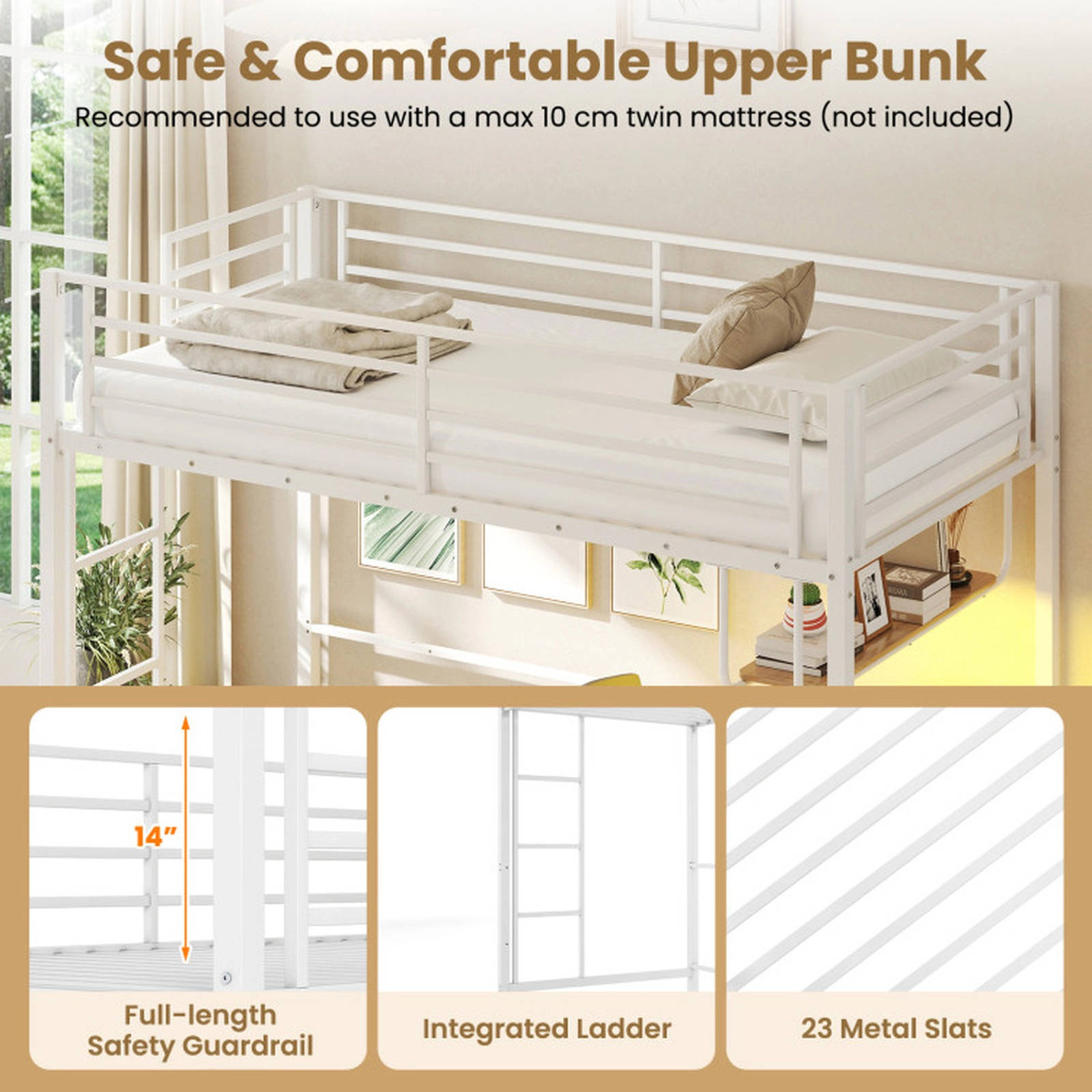 SUGIFT Twin 485-lb Capacity White Metal Loft Bed with Desk Charging Station LED Lights Shelves and Guardrail