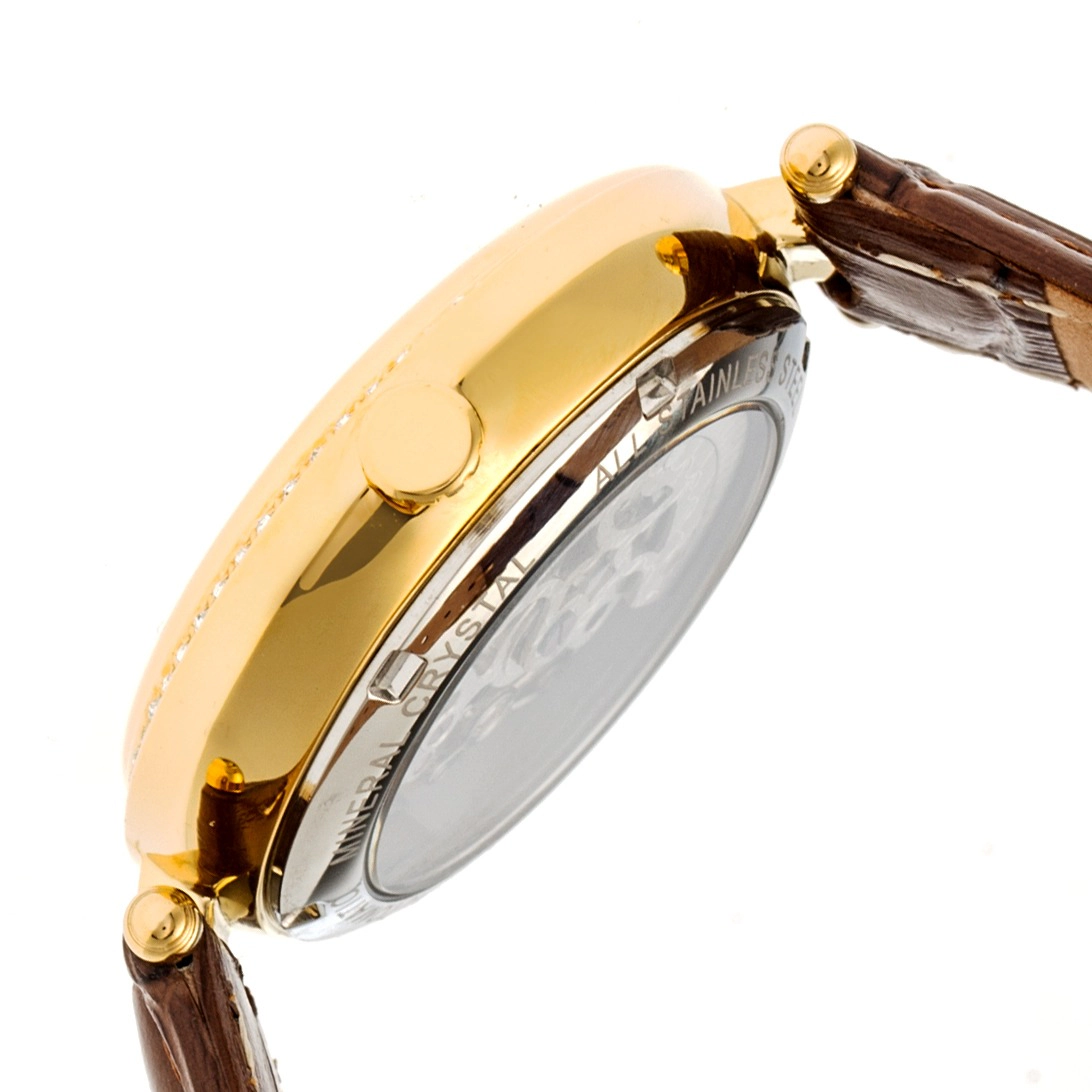 Empress Stella Automatic Semi-Skeleton MOP Leather-Band Watch
