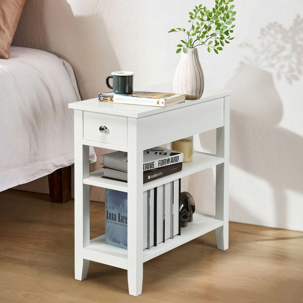 Slickblue White Side Table with Drawer and Open Shelves for Bedroom Living Room