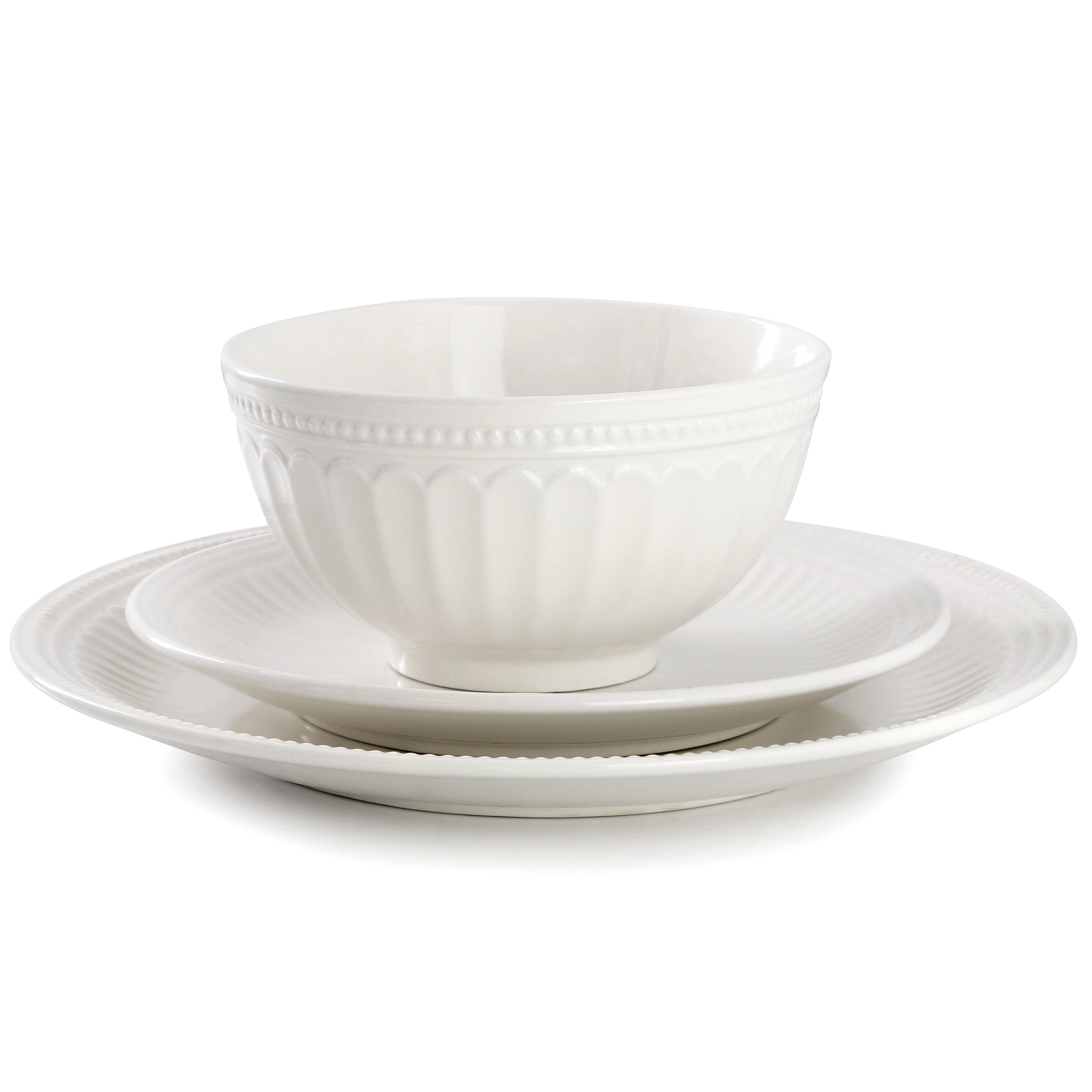 Elama Finley 18 Piece Embossed Arch Stoneware Dinnerware Set in White