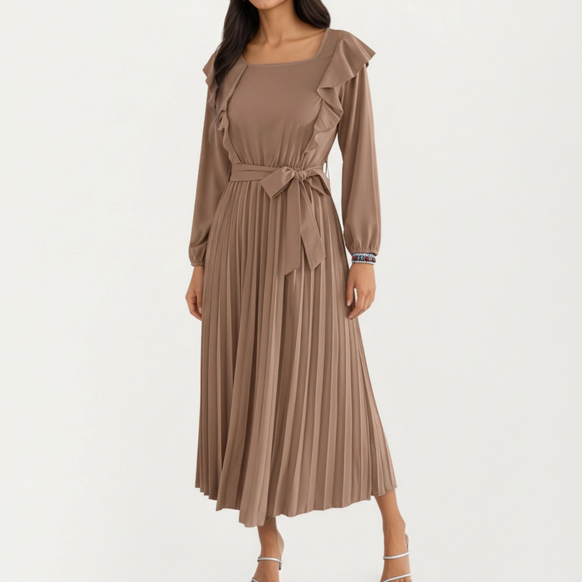 Anna-Kaci Women's Pleated Ruffle Shoulder Waist Tie Long Sleeve Dress