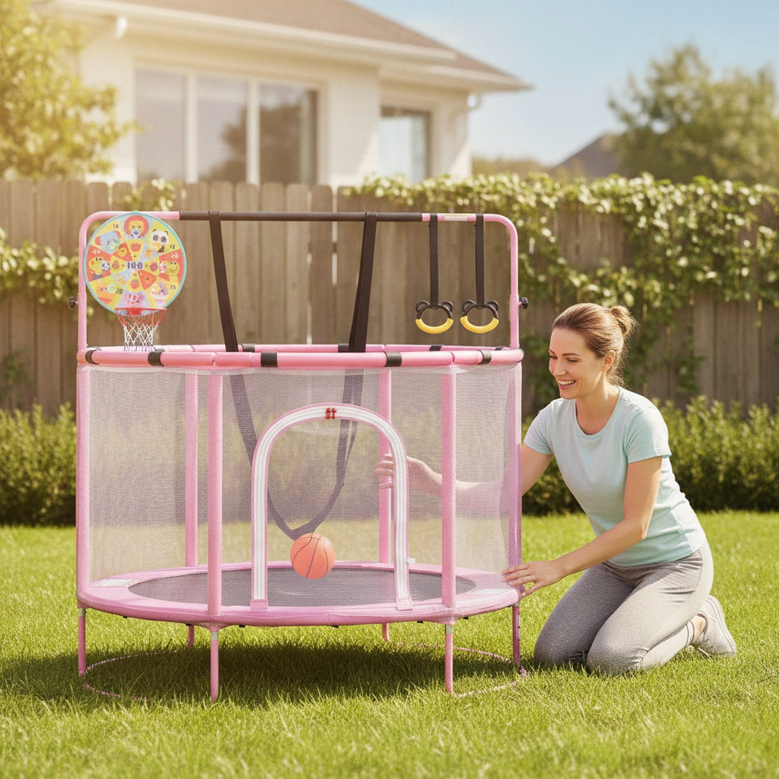 55-in Trampoline Adjustable Gymnastics Bar Kids Basketball Hoop Swing Purple Toddler Trampoline Indoor Outdoor Ages 3+