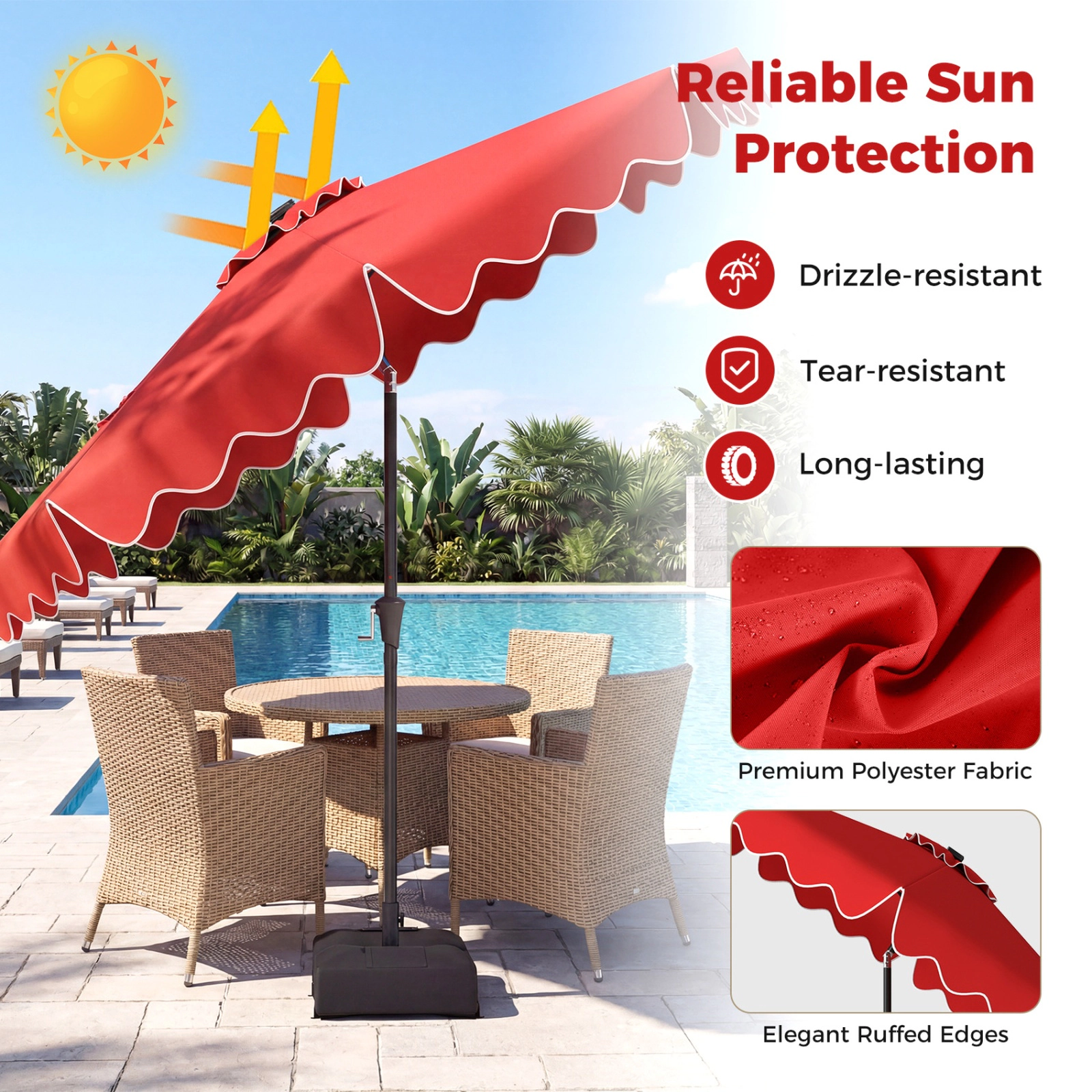 SUGIFT 10 ft Outdoor Patio Umbrella with 32 Solar LED Lights and Weighted Base Bags