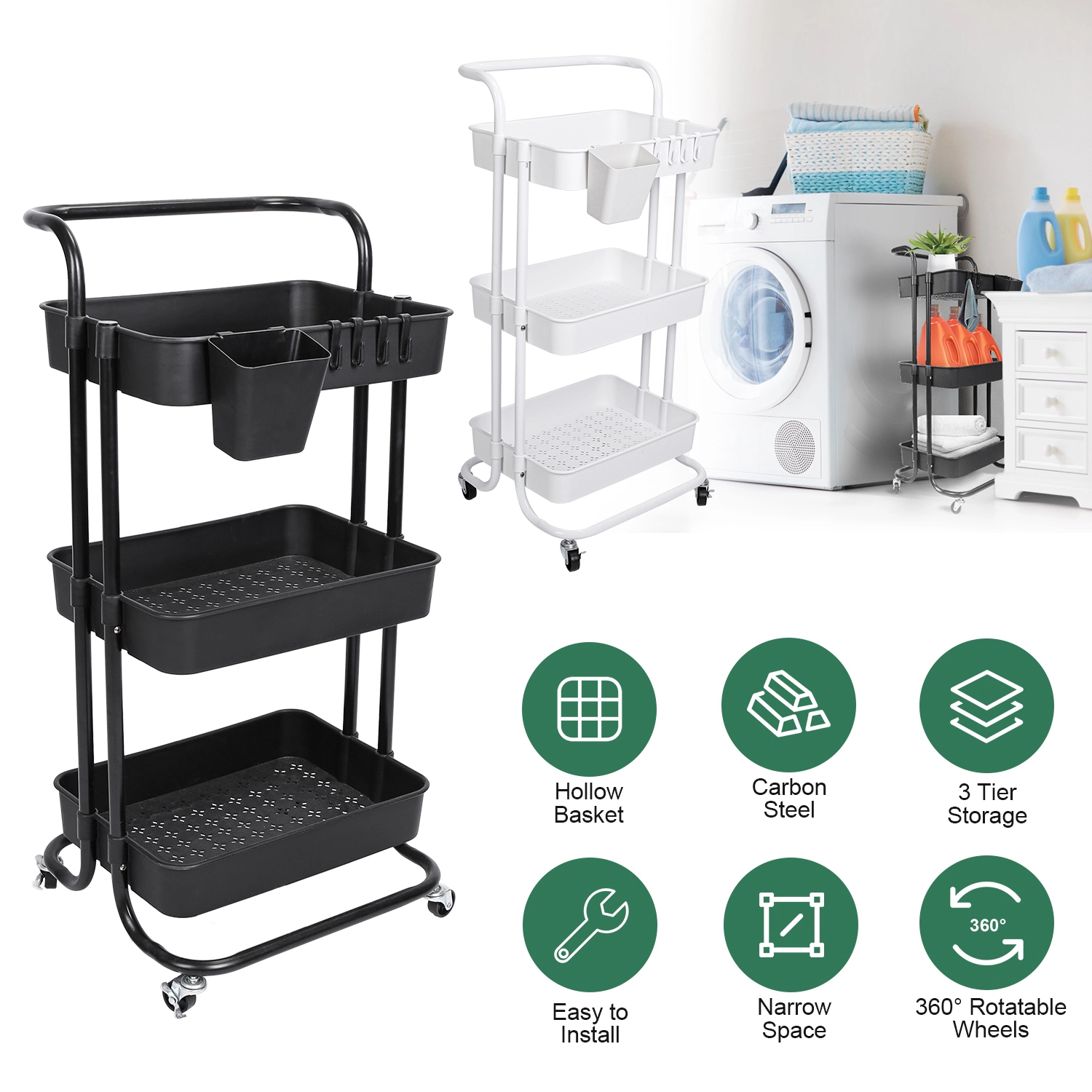 GBruno 3-Tier Rolling Utility Cart With Mesh Baskets