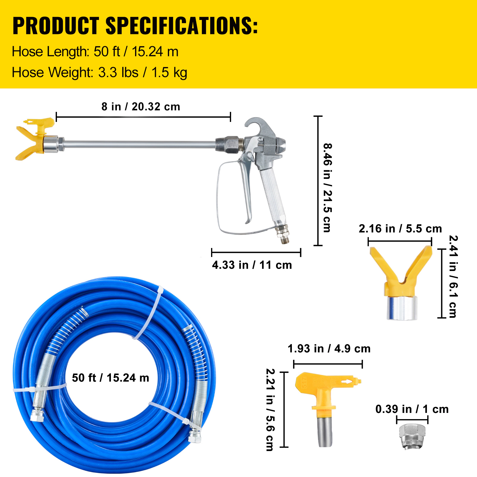 HONGGE Airless Paint Spray Hose Kit, 50 ft x 1/4-inch Fiber Hose, 3600 PSI with 8-inch Extension Rod