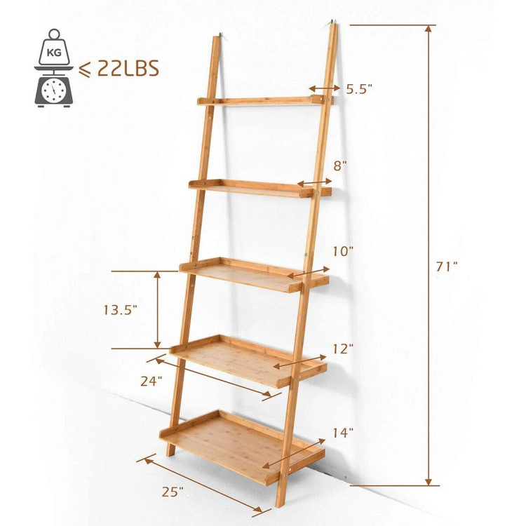 Hivvago 5-Tier Ladder Shelf Bamboo Bookshelf Wall-Leaning Storage Display Plant Stand
