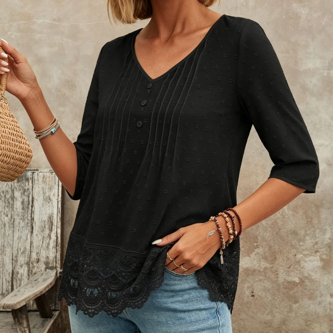 Coolmee Women 3/4 Sleeve Tops Dressy Casual Pleated Front Lace Hem Blouses V Neck Summer Shirts