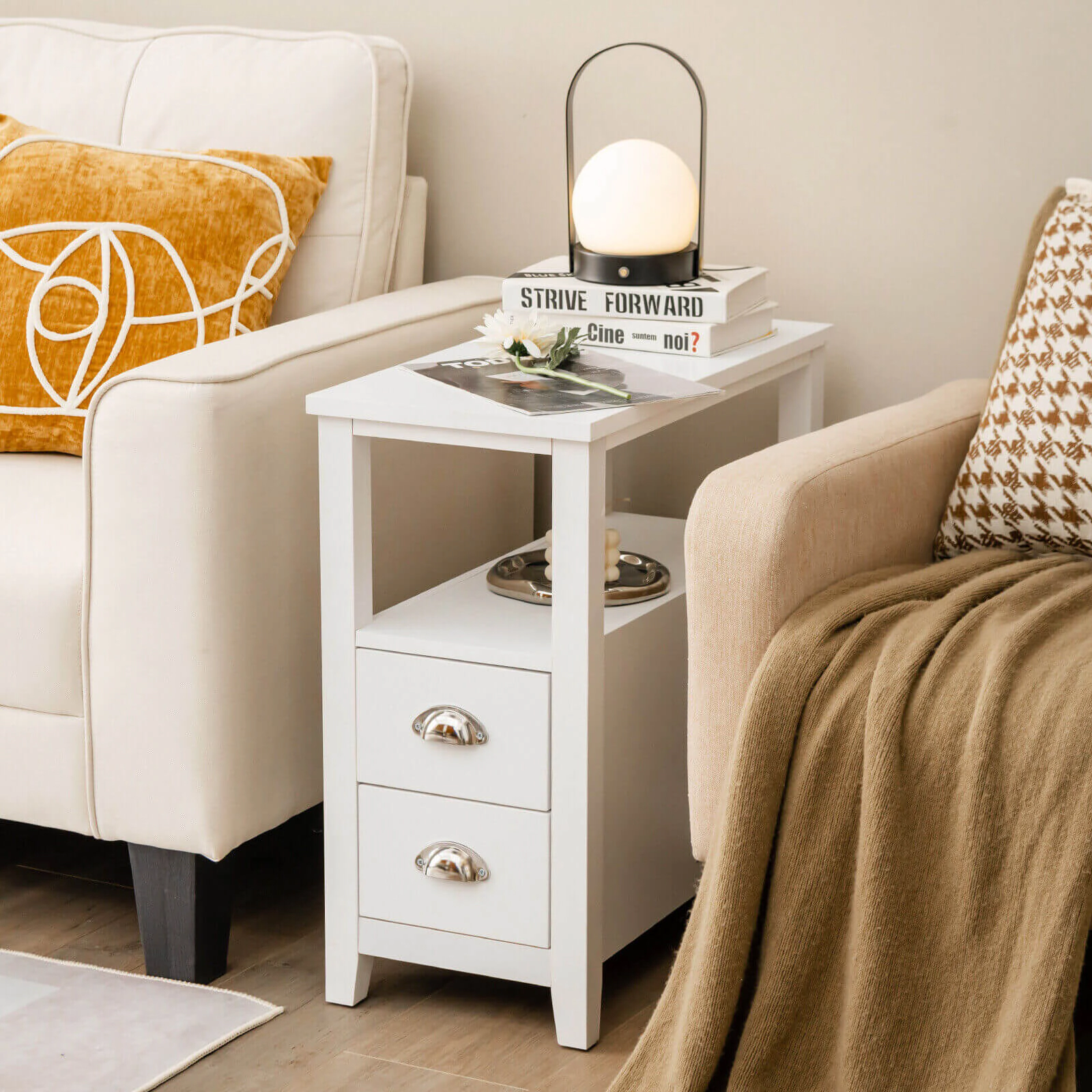 SUGIFT 2-Drawer Wooden End Table Nightstand with Shelf 33-lb Tabletop Capacity 23.5 x 12 x 24 in Frame White