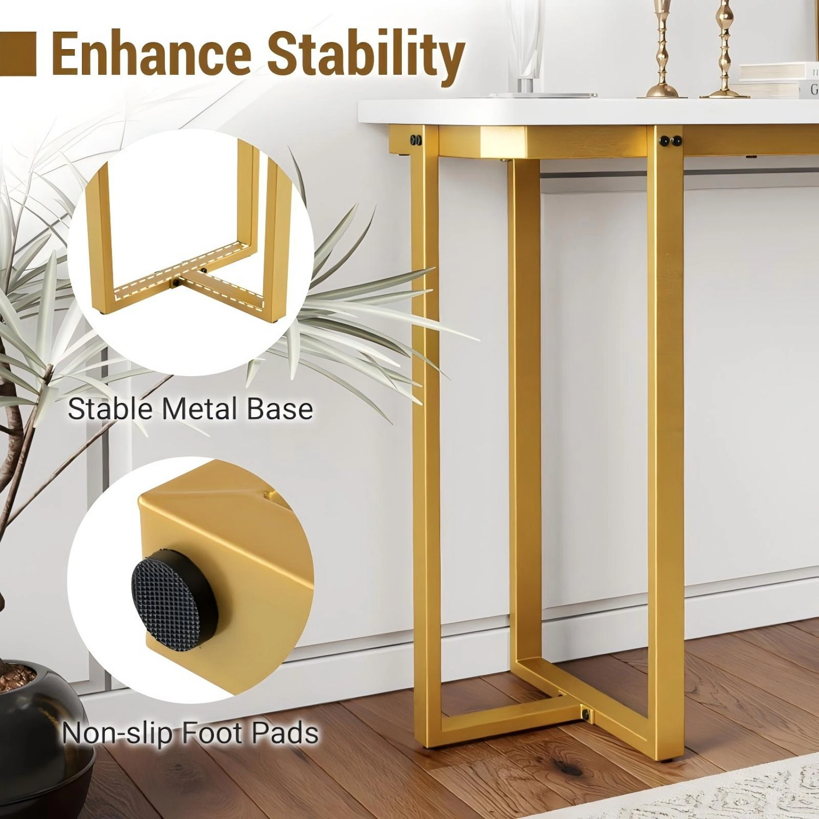 SUGIFT Modern Faux Marble Entryway Console Table with Geometric Metal Frame 155-lb Tabletop Capacity White & Gold