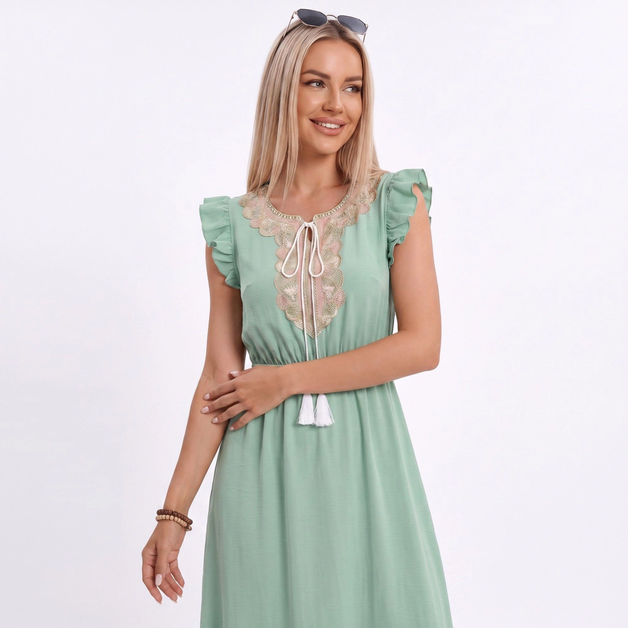 Anna-Kaci Women's Lace Trim Ruffle Sleeve Tie Neck Tiered Hem Midi Dress