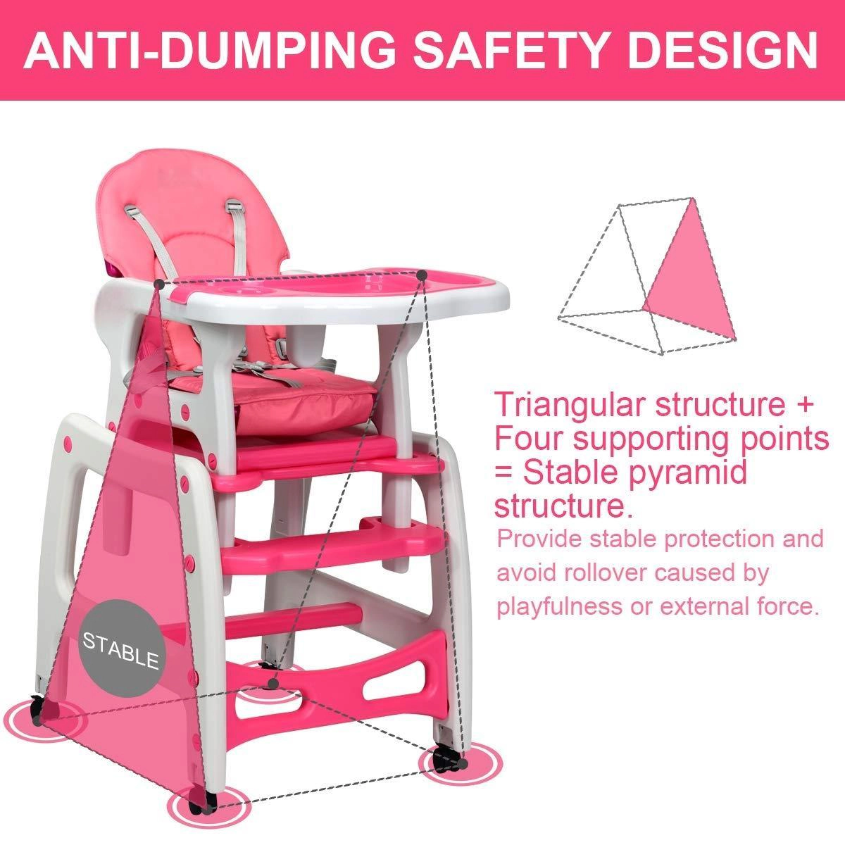 SUGIFT Pink Lockable Universal Wheels Rocking Base and Toddler Table 3-in-1 Baby High Chair