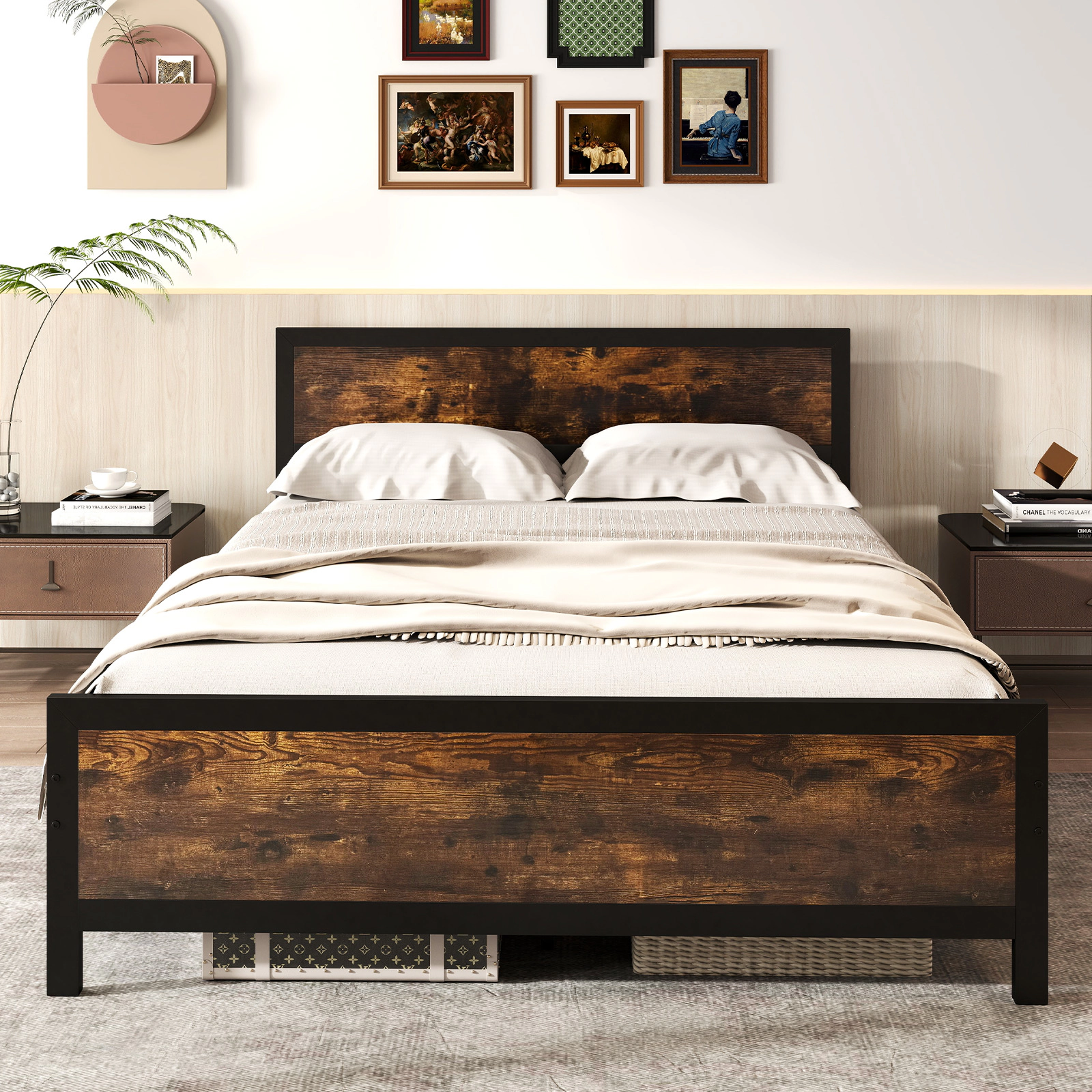 SUGIFT Queen Platform Bed Frame, Rustic Brown Wood-Grain Headboard and Footboard, Metal Slat Support, 660 lb Capacity