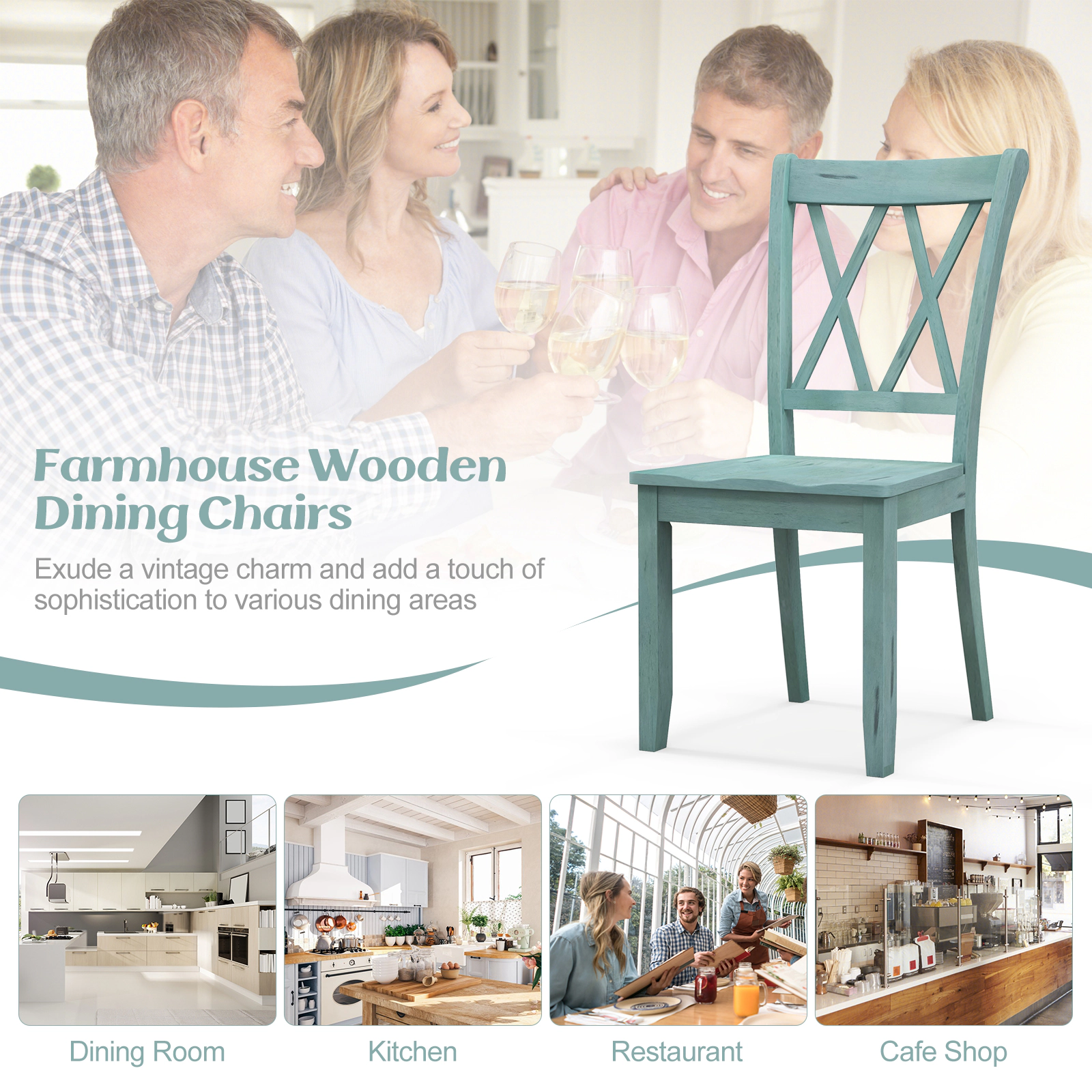 SUGIFT Green Cross Back Rubber Wood Farmhouse Set of 2 Dining Side Chairs