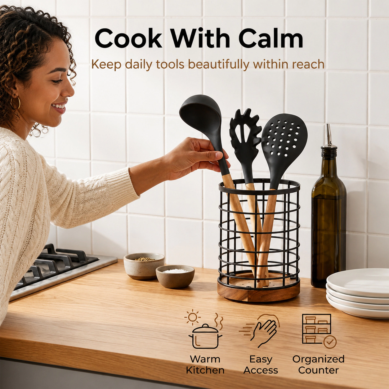 WZK Wooden Base Wire Cooking Kitchen Utensil Holder