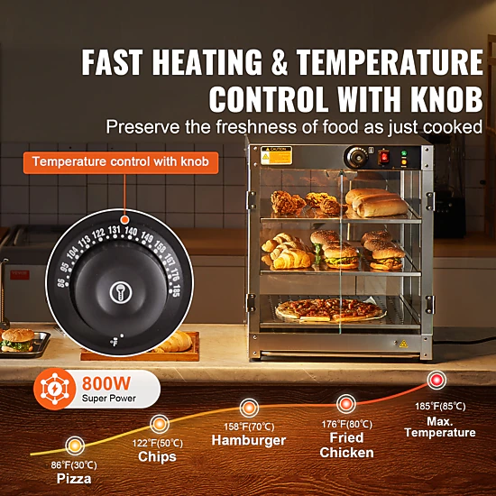 HONGGE Commercial Food Warmer Display 800W Food Display Warmer with Light to Enhance Food Display 86℉~185℉ Temperature
