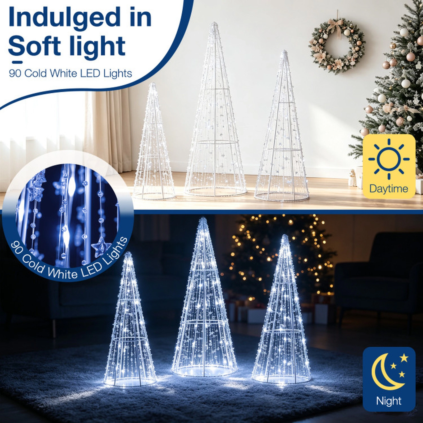 SUGIFT Set of 3 Pre-lit Christmas Cone Trees with Star Strings Metal PS PVC Cold White