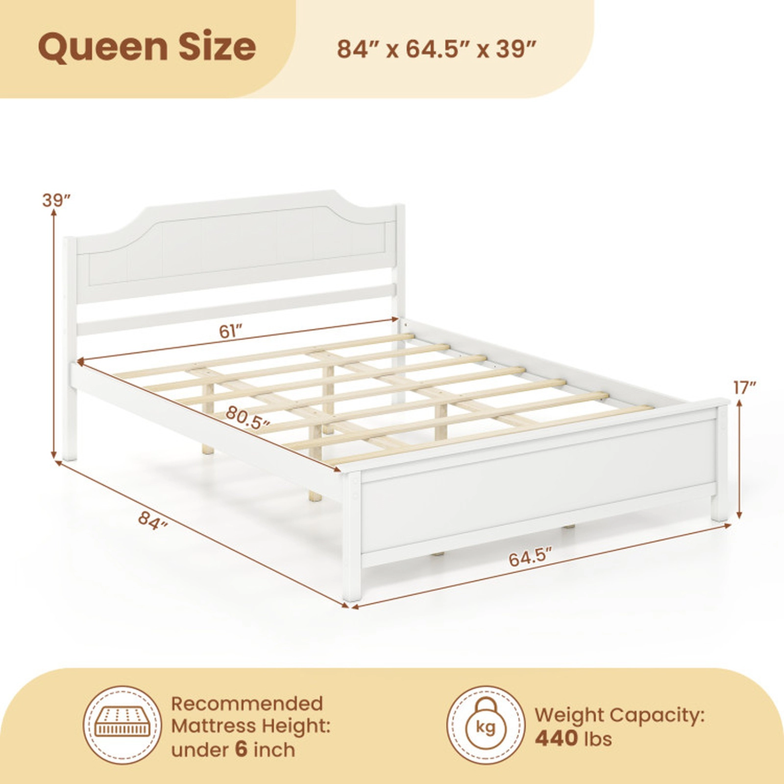 SUGIFT Queen Size Solid Pine Wood Panel Headboard Platform Bed Frame 84-in x 64.5-in x 39-in 440-lb Capacity White