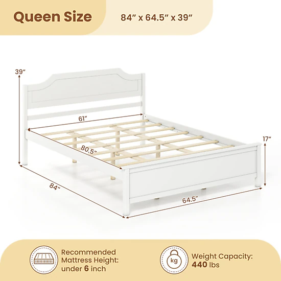 SUGIFT Queen Size 39-in H Solid Wood Platform Bed Frame with Arched Headboard 440-lb Bed Capacity White