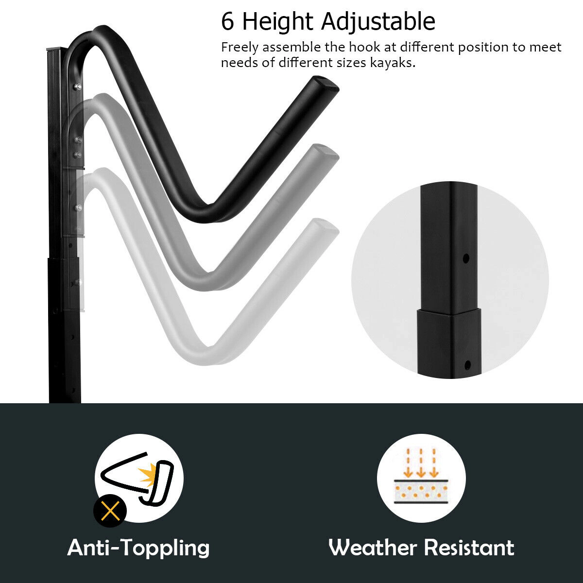 SUGIFT Adult Black Dual Kayak Storage Rack with 6 Adjustable Hook Levels 8-ft W 4.5-ft H 175-lb Load Capacity
