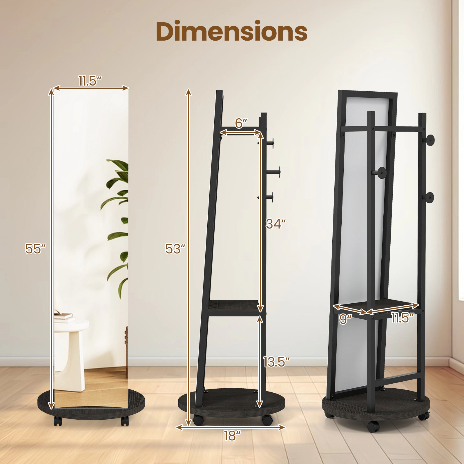 SUGIFT Coat Rack with Full Length Mirror Walnut Freestanding Coat Tree on Wheels