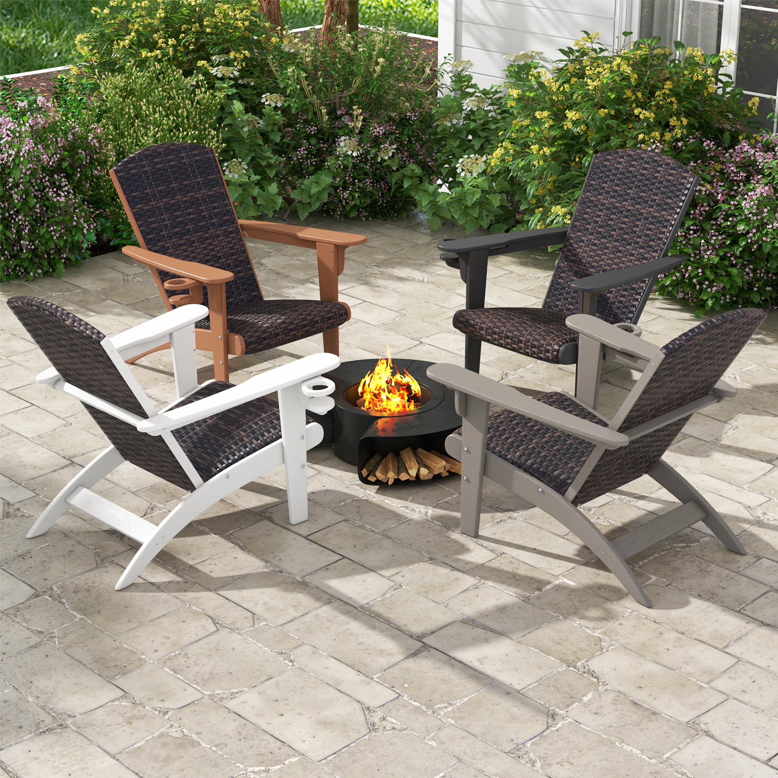 LJG Patio Adirondack Chair with Rattan Padded Seat and Hidden Cupholder