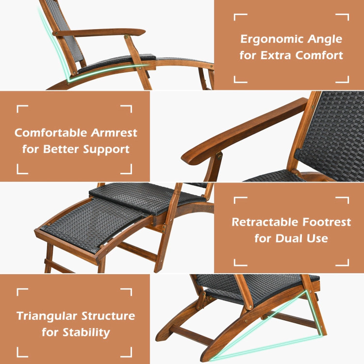 Hivvago Patio Rattan Folding Lounge Chair With Acacia Wooden Frame Retractable Footrest Set Of 2