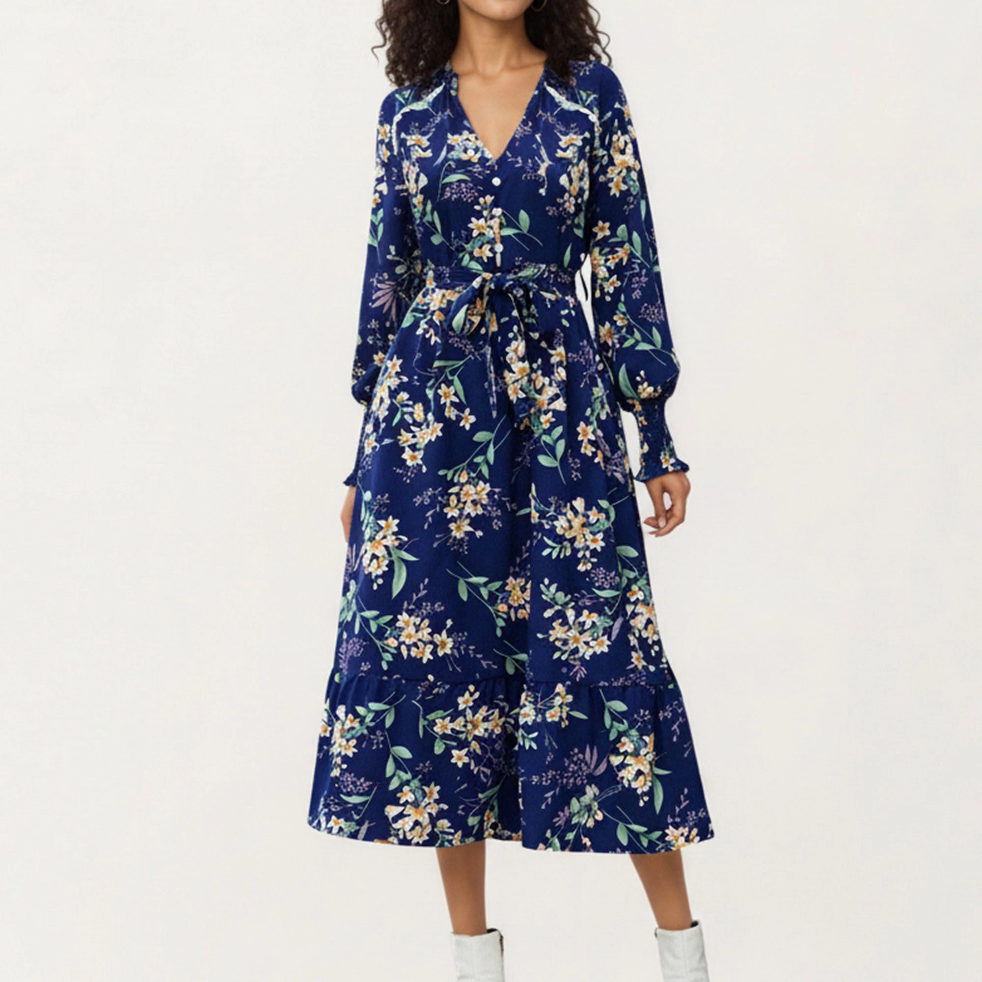 Anna-Kaci Women's Floral Print V Neck Long Sleeve Waist Tie Dress