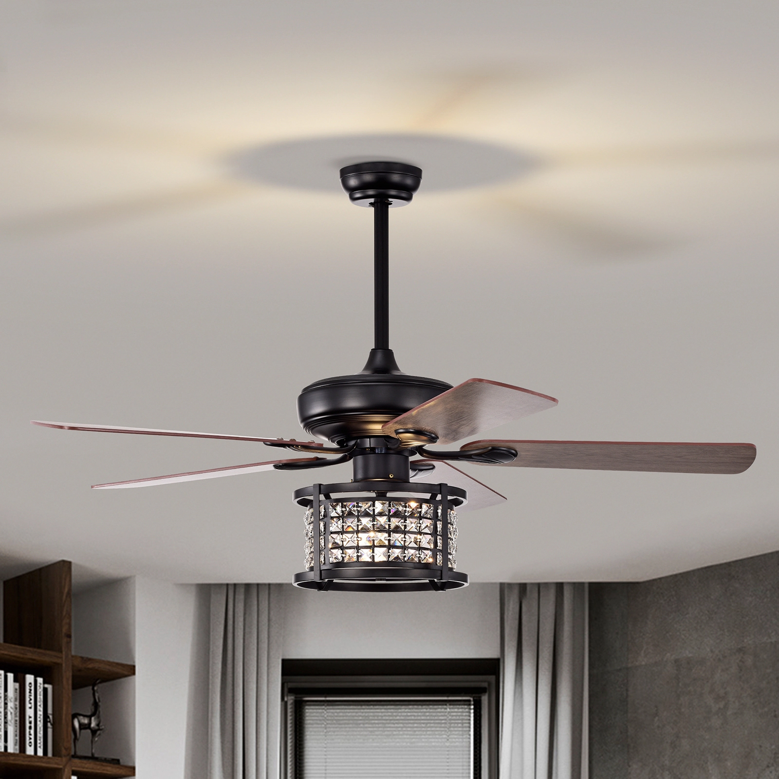 SUGIFT Crystal Ceiling Fan Light 3-Speed 52-in with Remote Control Black