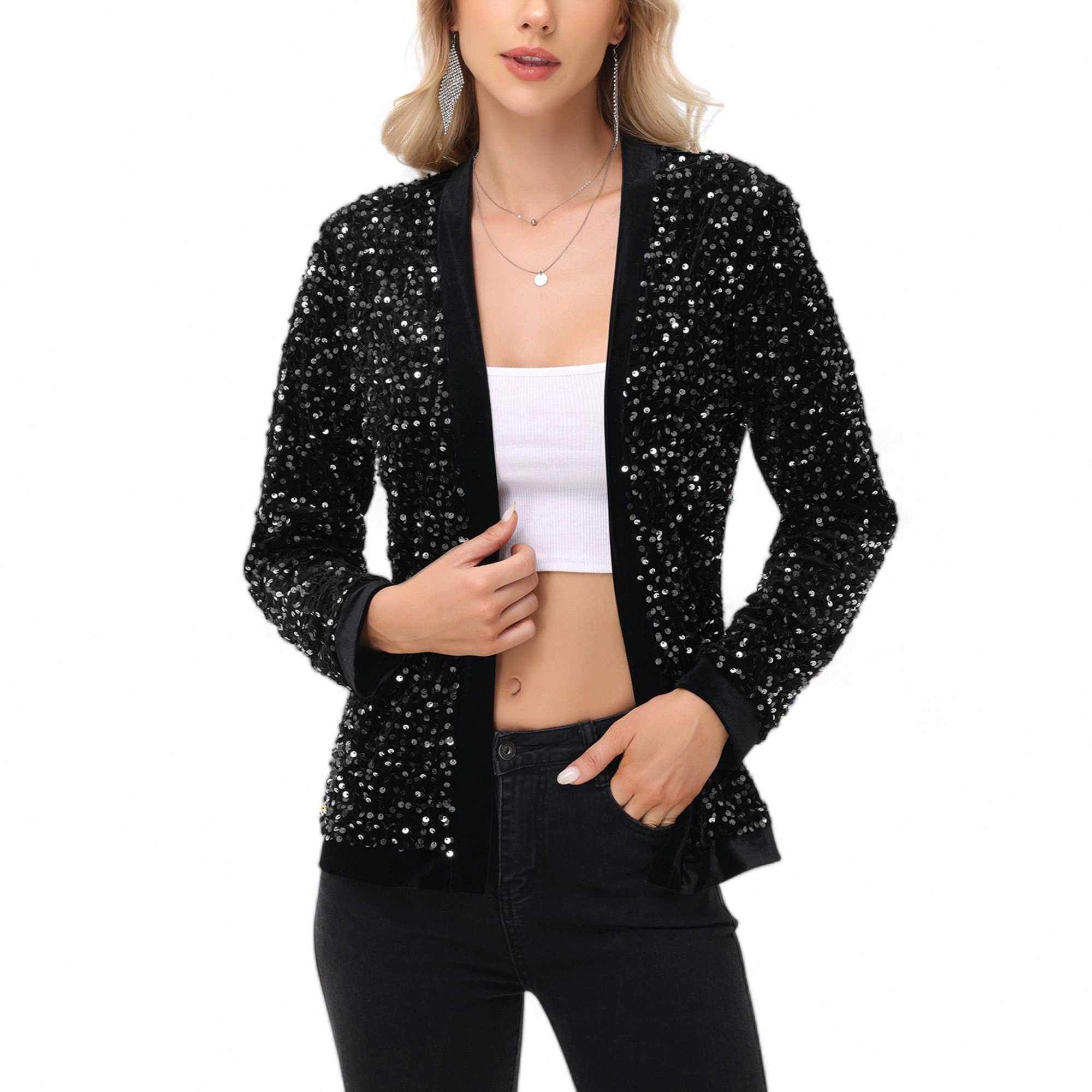 Anna-Kaci Women's Long Sleeve Open Front Sequin Jacket with Satin Trim