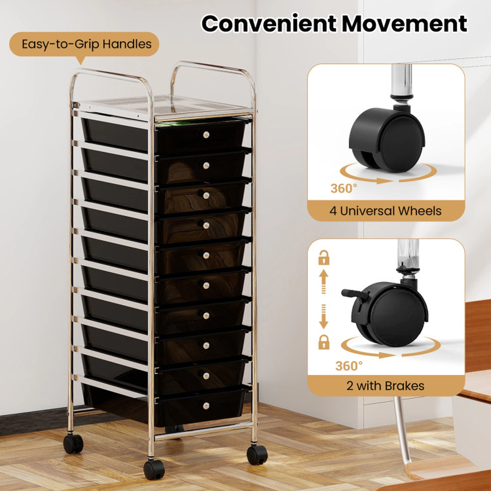 SUGIFT 38-in Tall 10-Drawer Rolling Cart Chrome Frame Drawer Tower for Dorm Closet and Bedroom Storage