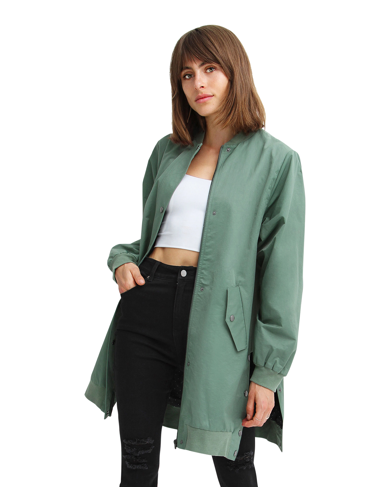Belle & Bloom Womens Chasing You Long Bomber Jacket