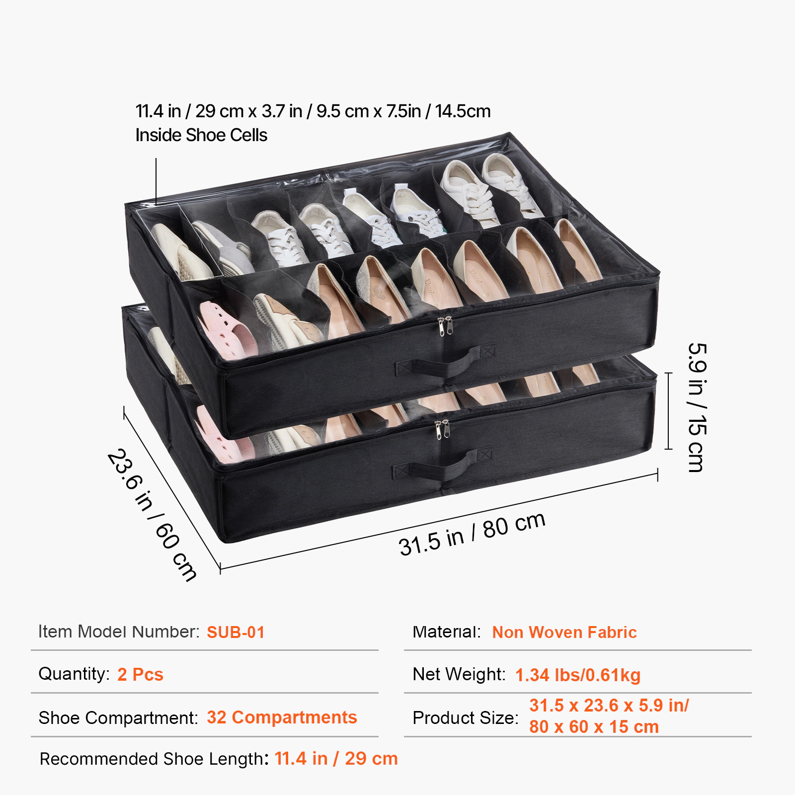 HONGGE Under Bed Shoe Storage Organizer with Clear Window and Reinforced Handles