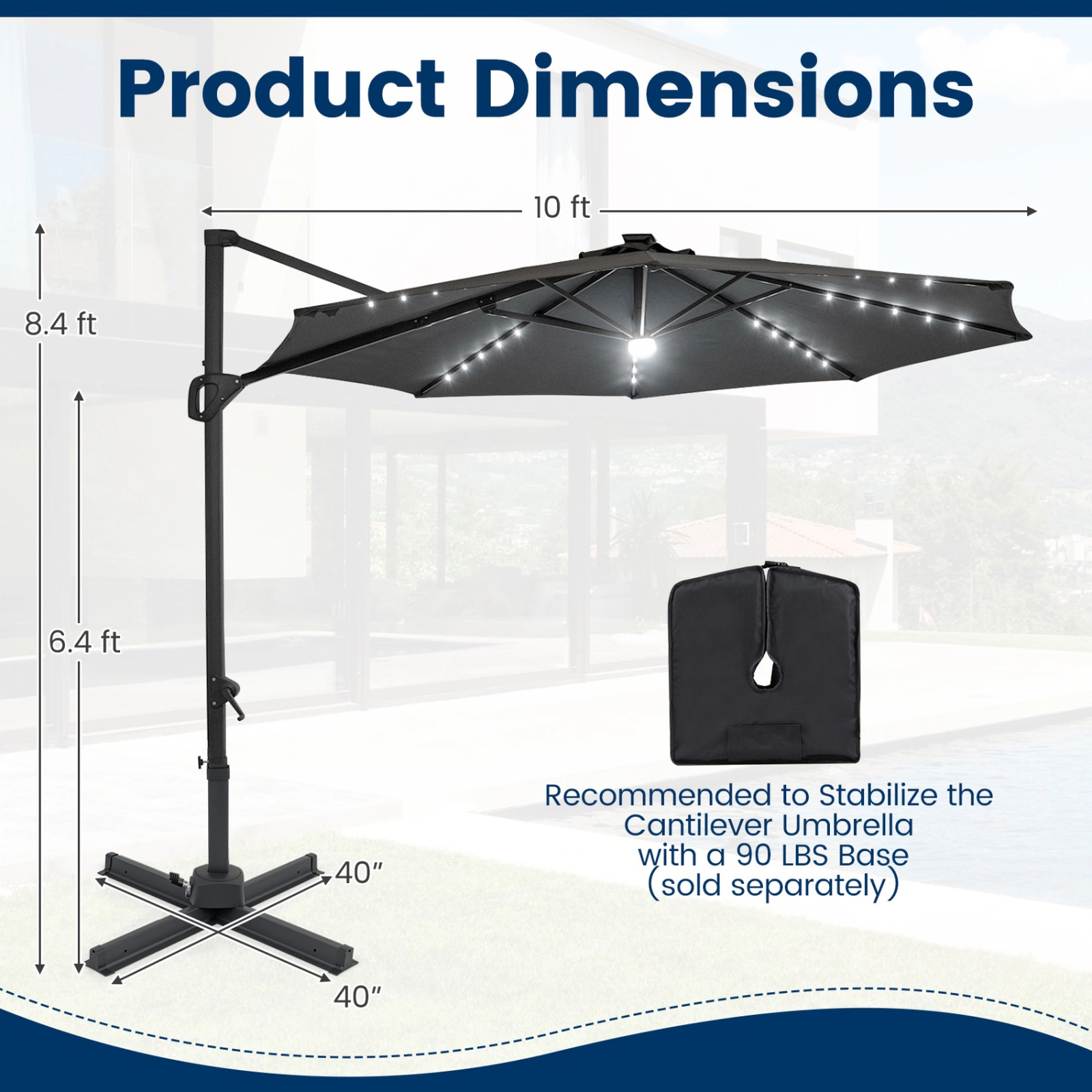 SUGIFT Solar LED Cantilever Patio Umbrella with 10-ft Canopy 360° Rotation Gray