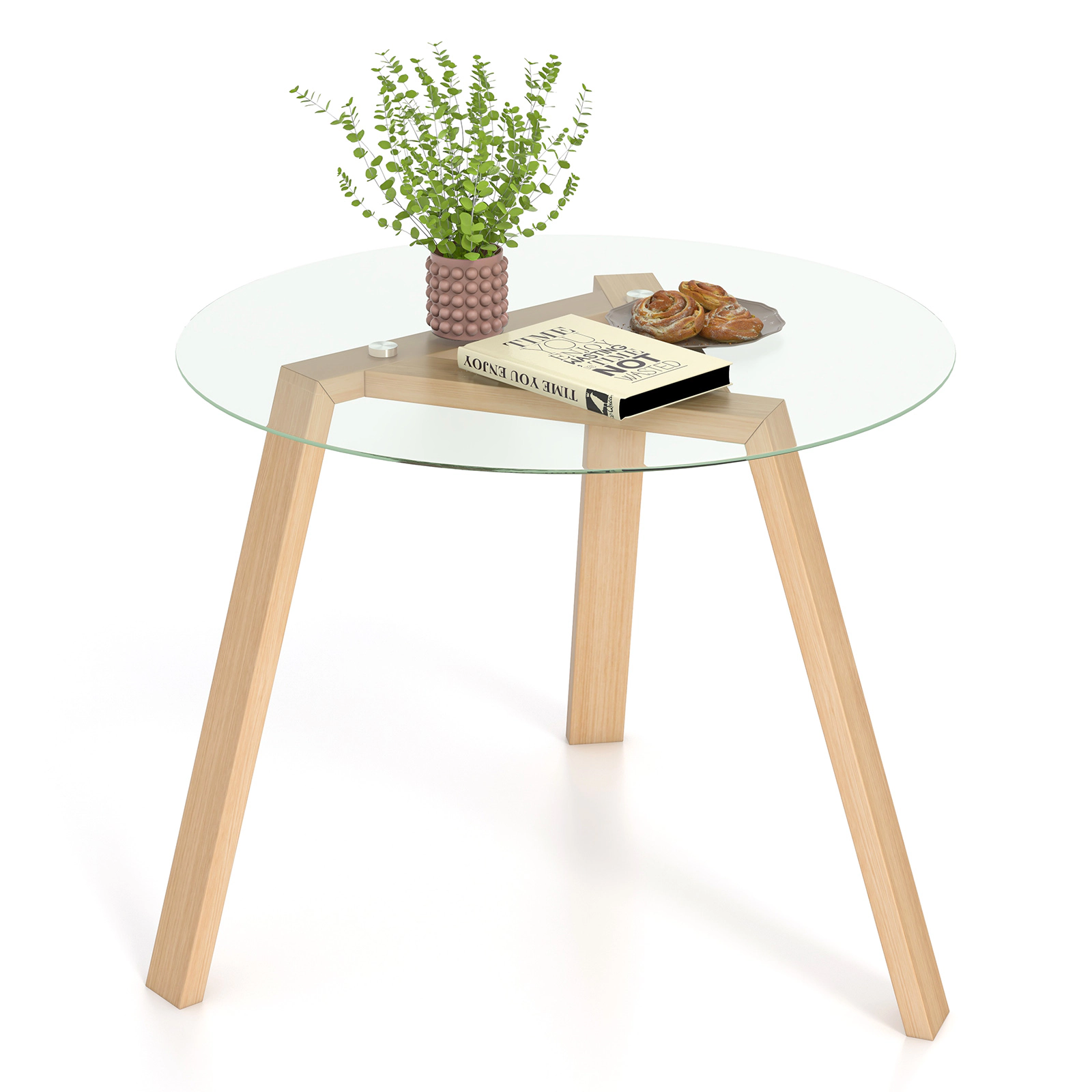 SUGIFT 36-Inch Round Glass Dining Table for 4, Tempered Glass Top, Rubber Wood Frame