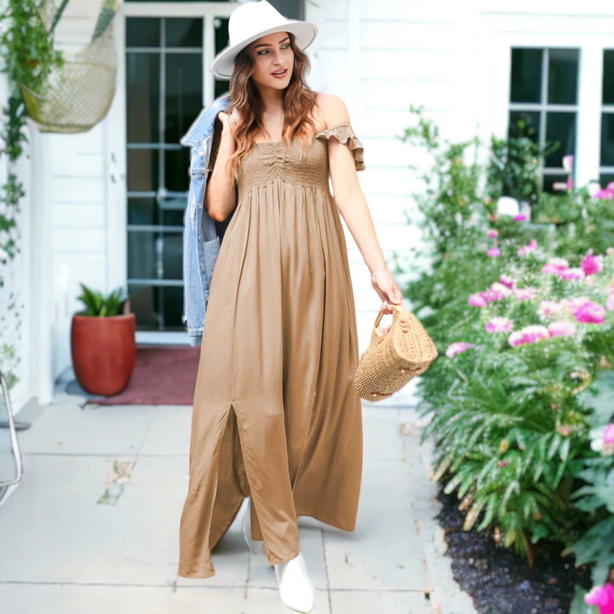 Anna-Kaci Womens Smocked Off-the-Shoulder Maxi Dress with Flutter Cap Sleeves