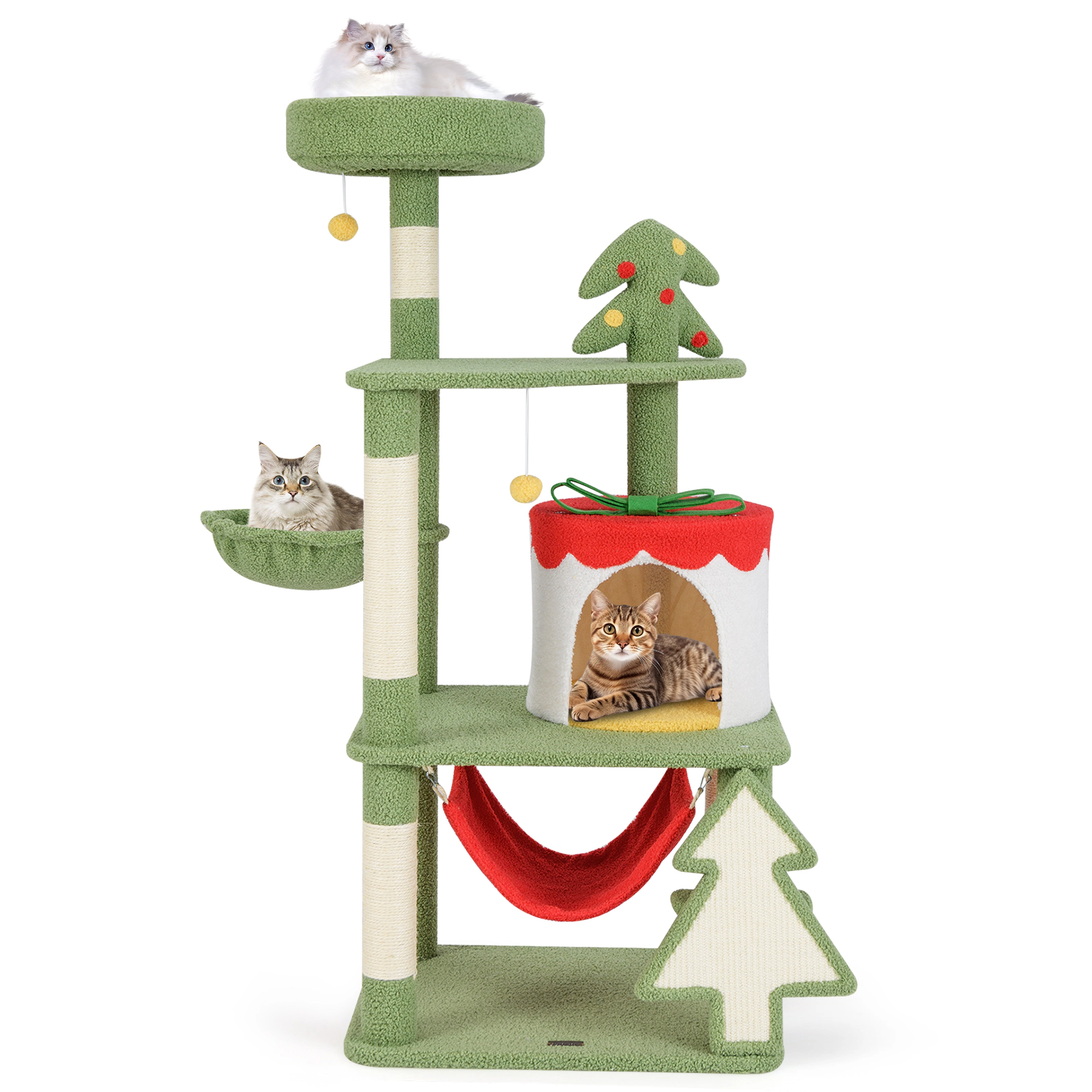 LJG Cute Christmas Cat Tree with Sisal Scratching Posts and Gift Box Shaped Condo