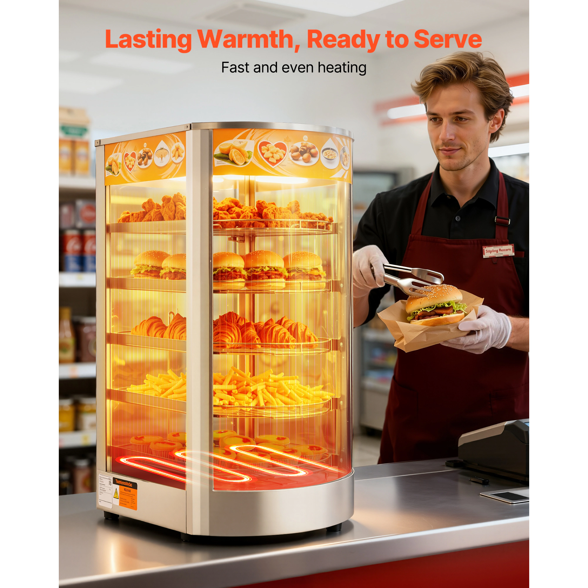 HONGGE Commercial Food Warmer Display 800W Food Display Warmer with LED Light Adjustable Shelf and Stainless Steel