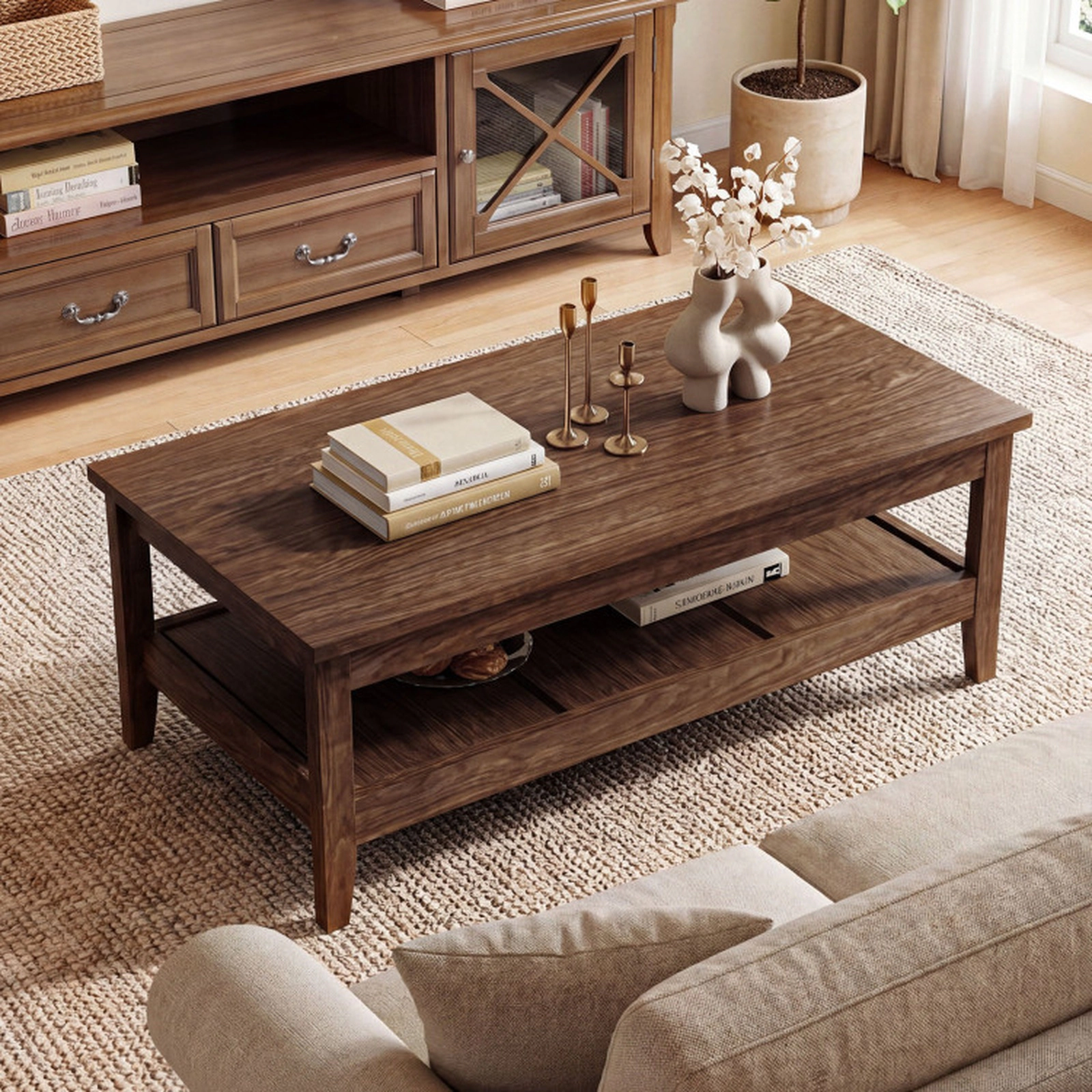 SUGIFT Farmhouse Rustic Coffee Table with Thickened Tabletop 110-lb Tabletop Capacity 22-lb Shelf Capacity Walnut/Blue