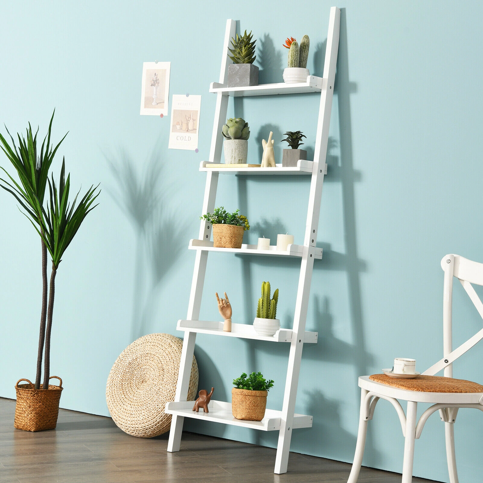 SUGIFT 5-Tier Wall-leaning Ladder Bookcase Shelf Display Rack 74.5-in Tall 11-lb Per Shelf MDF 1-Pc White