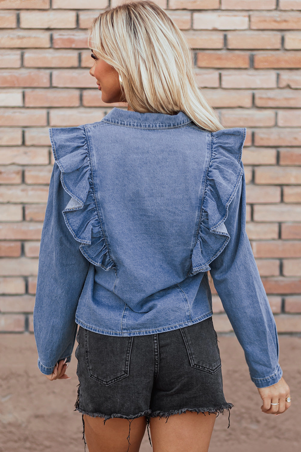 Threaded Pear Women's Trinity Denim Ruffled Casual Top