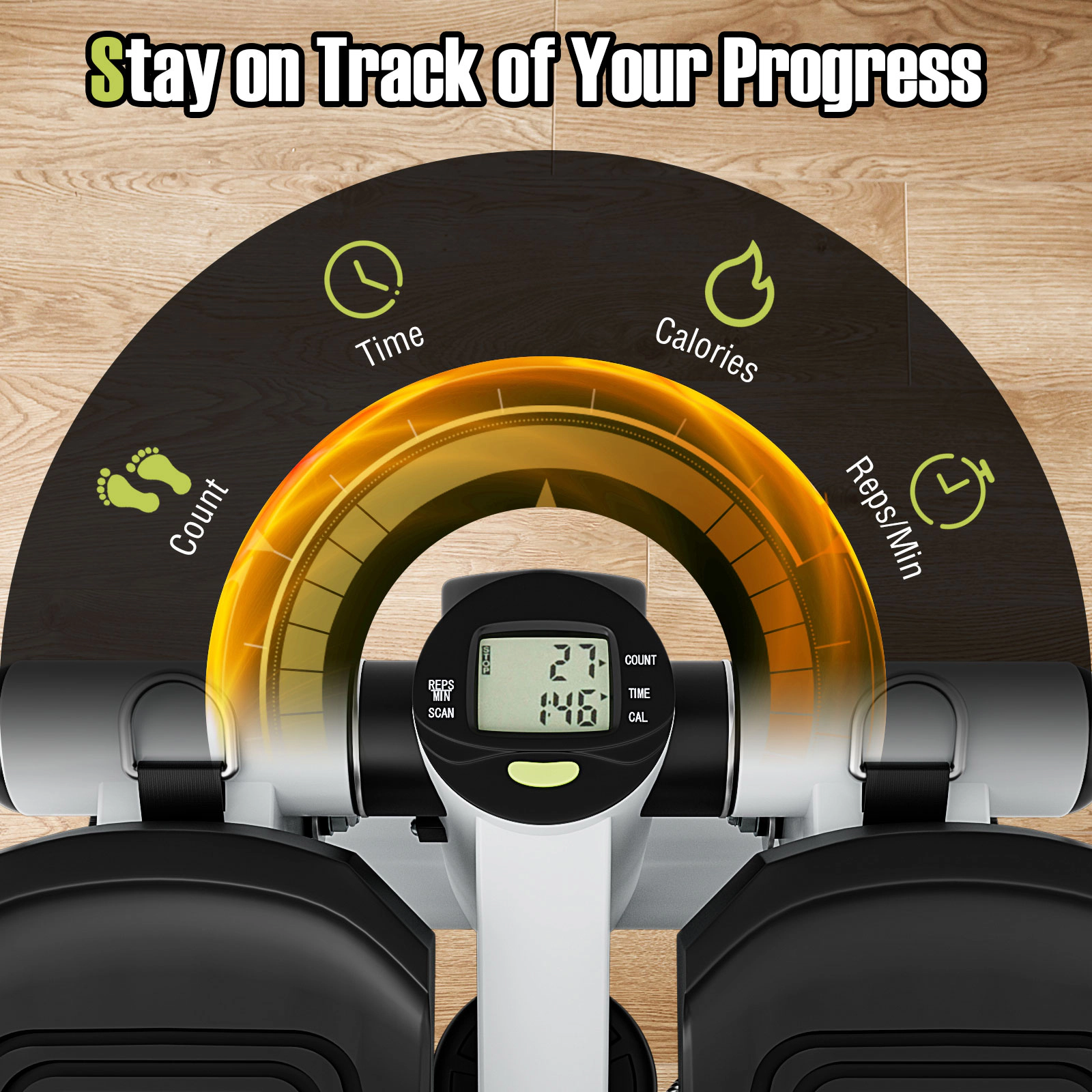 SUGIFT 220-lb Capacity Adjustable Mini Stepper with 2 Resistance Bands Anti-Slip Pedals and Monitor