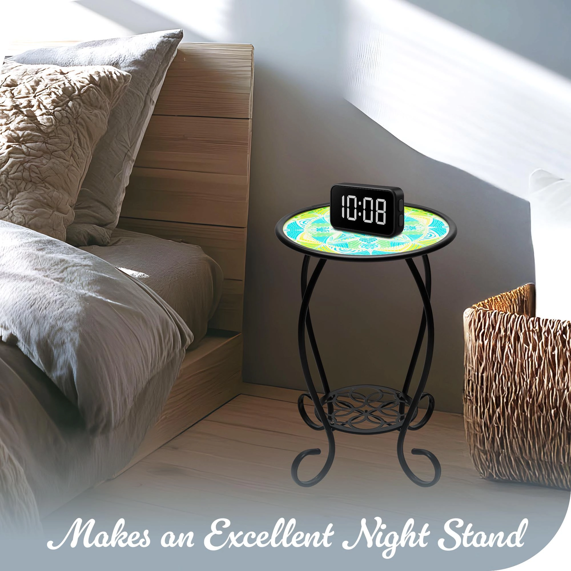 G128 14 in Round Glass Side Table Mandrake Pattern - Foldable Metal Outdoor Plant Stand