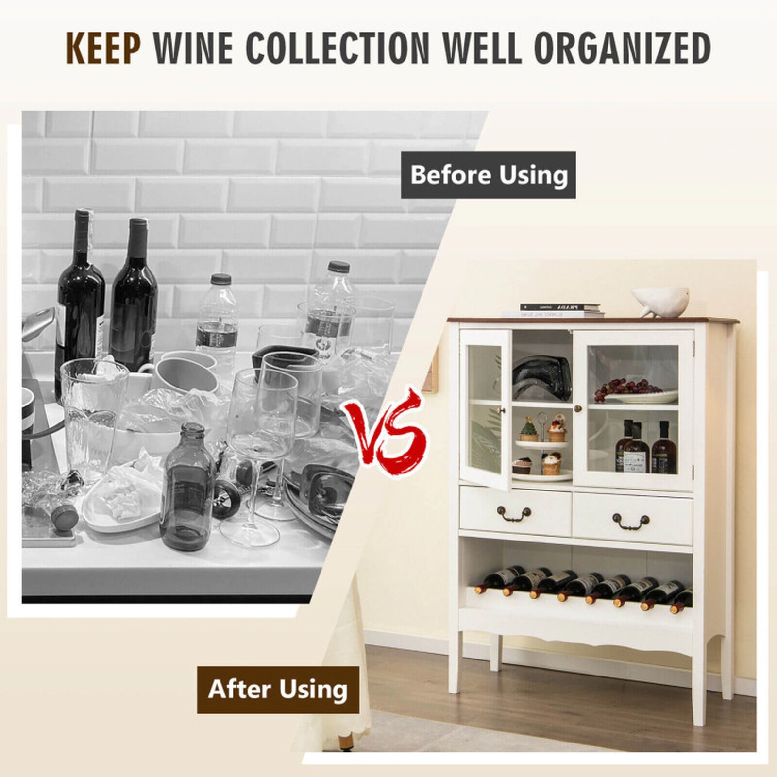 SUGIFT 36-in Wide Sideboard Buffet Cabinet with 2 Tempered Glass Doors and Open Wine Rack 310-lb Capacity White Brown