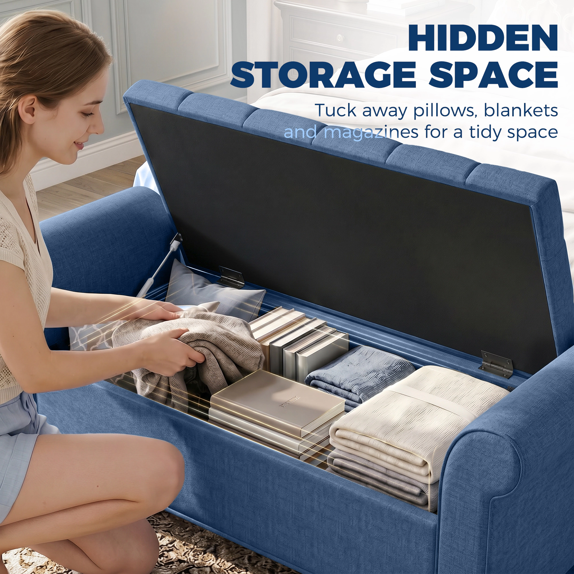 Hivvago Decorative Storage Ottoman Bench With Safety Hinge And Rolled Arm Design