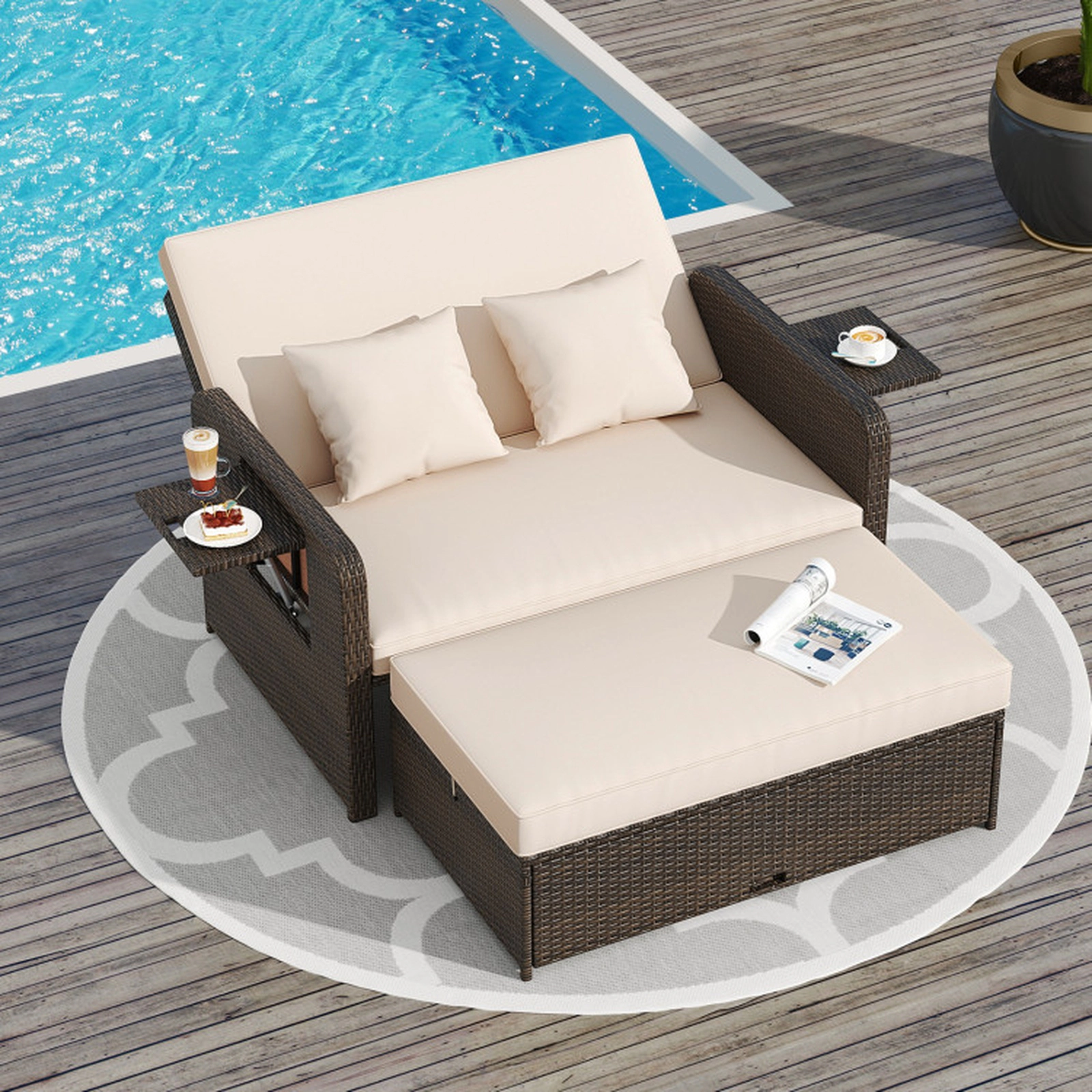 SUGIFT 4-Position Adjustable Outdoor Patio Daybed Chaise Lounge Loveseat with Storage Ottoman 800-lb Capacity Mix Brown