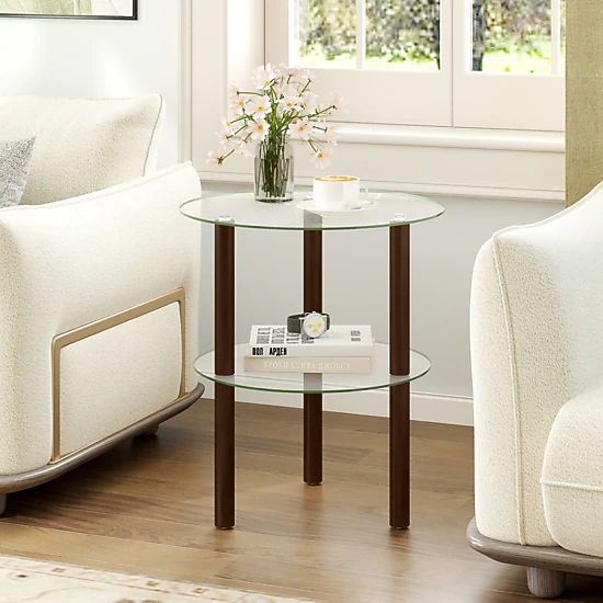Glintex Round 2-Tier Clear Glass End Table with Rubber Wood Legs and No-Tool Setup