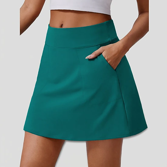 Pinspark Womens High Waist A-Line Skirts Solid Stretch Pockets Casual Mini Skorts