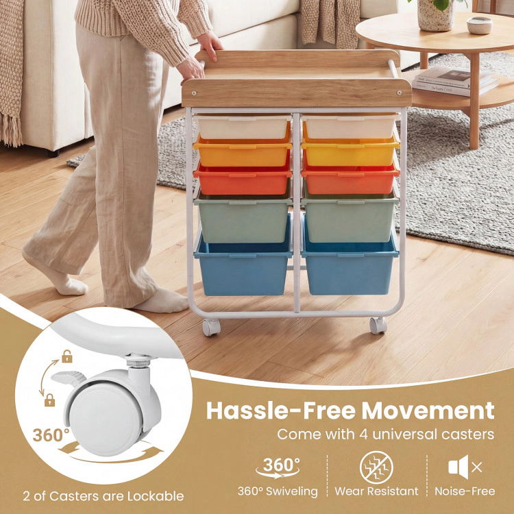 Hivvago 10-Drawer Rolling Cart with Wooden Tabletop and Lockable Wheels for Office