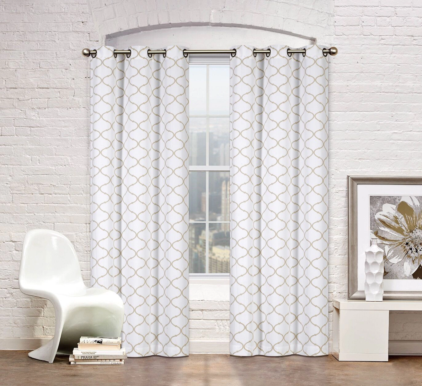 Kate Aurora Set of 2 Modern Elements Quatrefoil Lattice Poly Cotton Grommet Top Curtain Panels